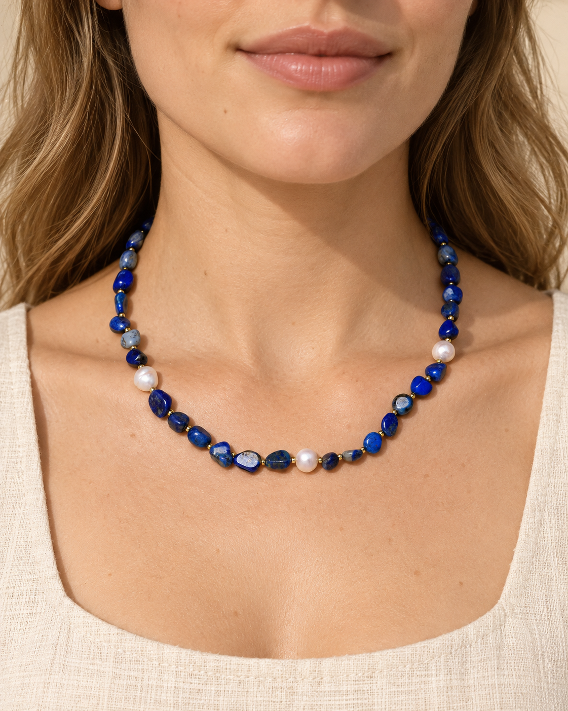 Lapis Pearl Bead Necklace shown worn for scale.