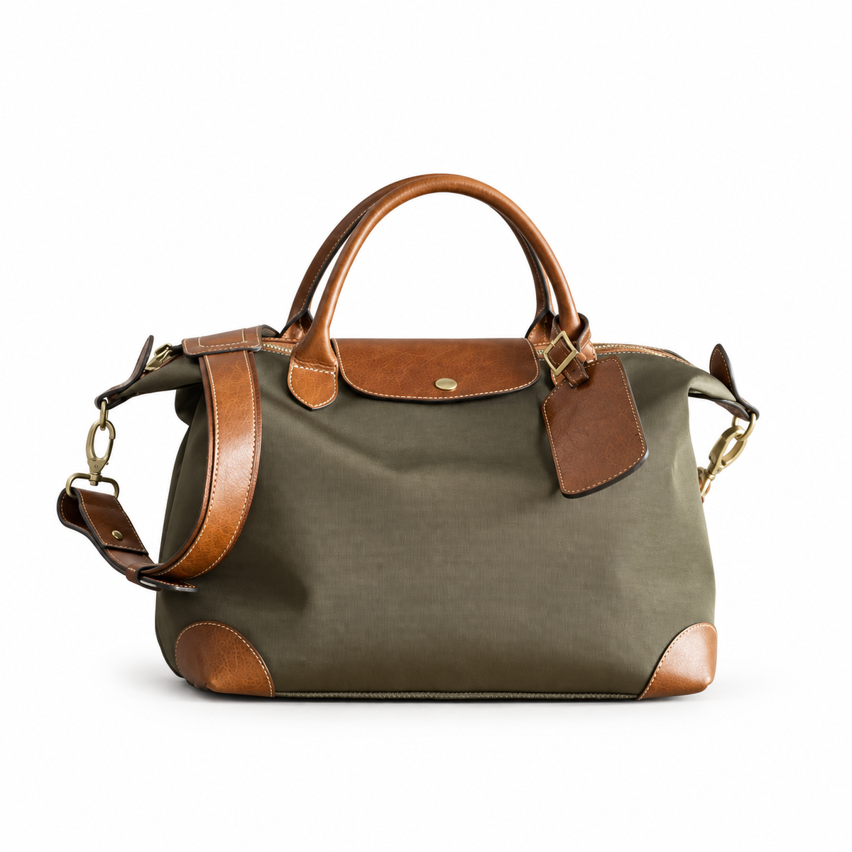 Olive handbag with short brown handles, brown trim and a shoulder strap.
