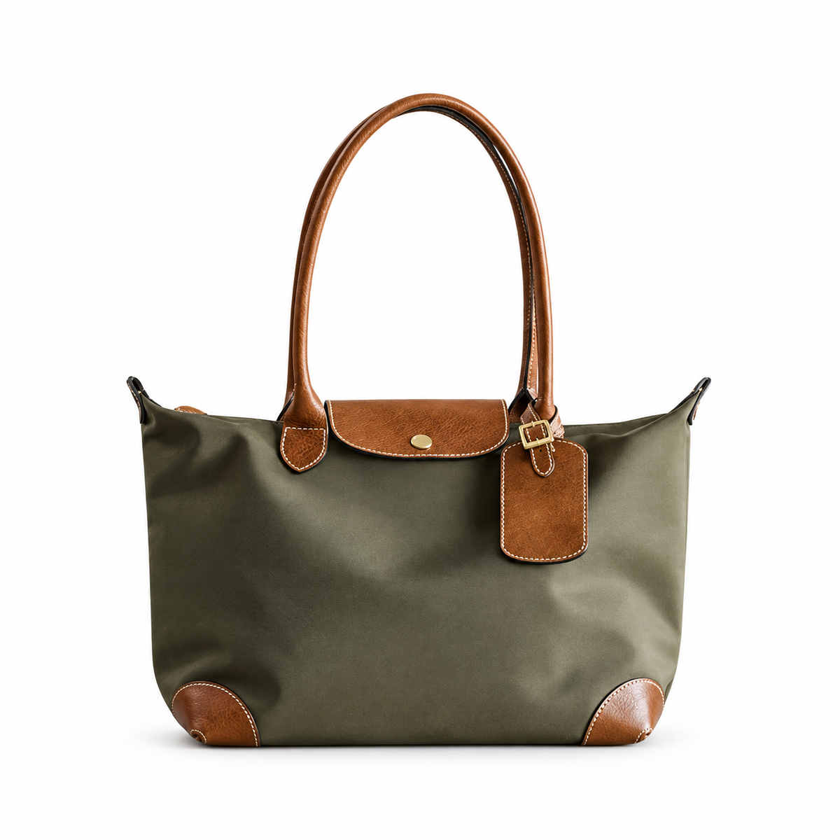 Olive tote bag with long brown handles, brown trim and a hanging tag.