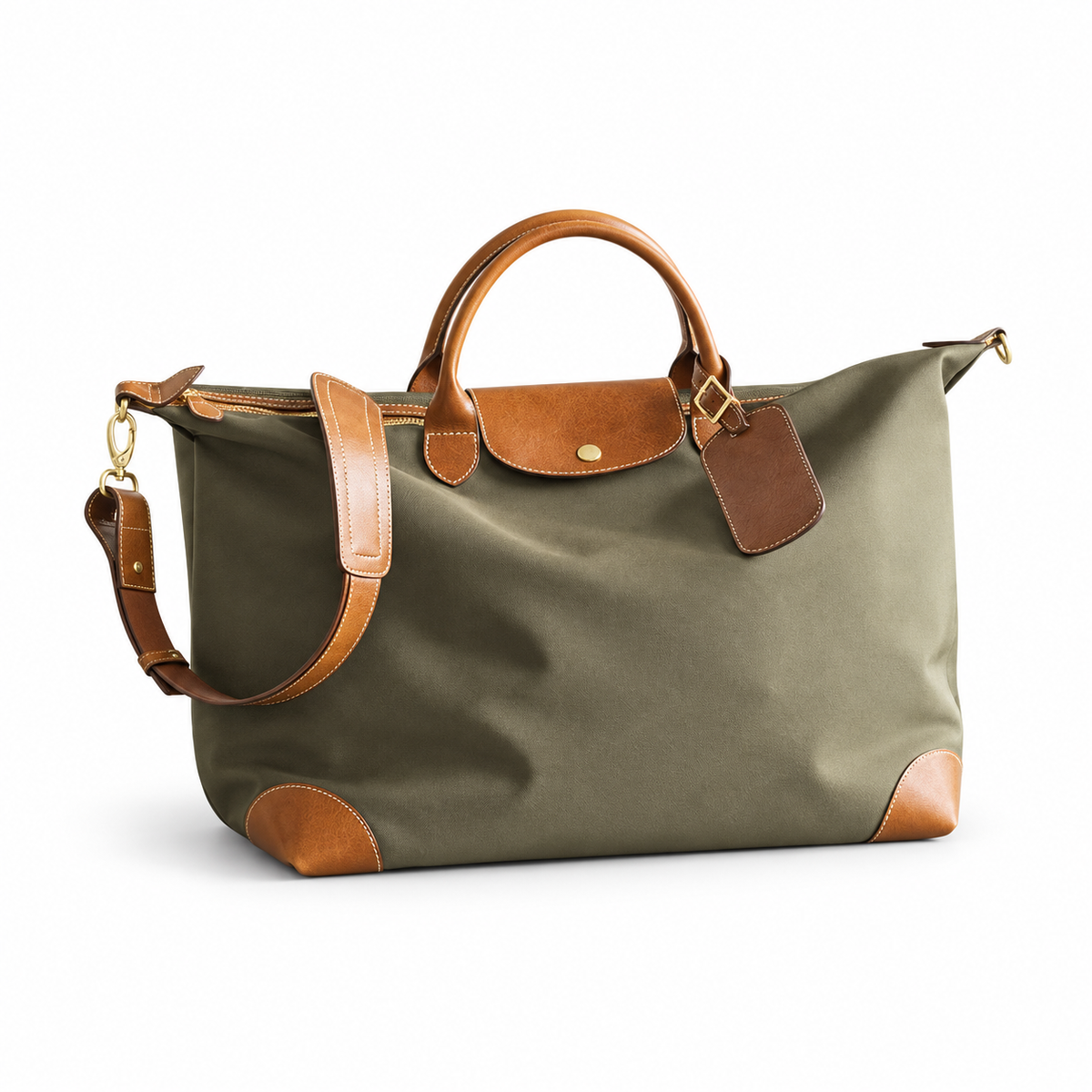 Olive handbag with short brown handles and a padded shoulder strap.