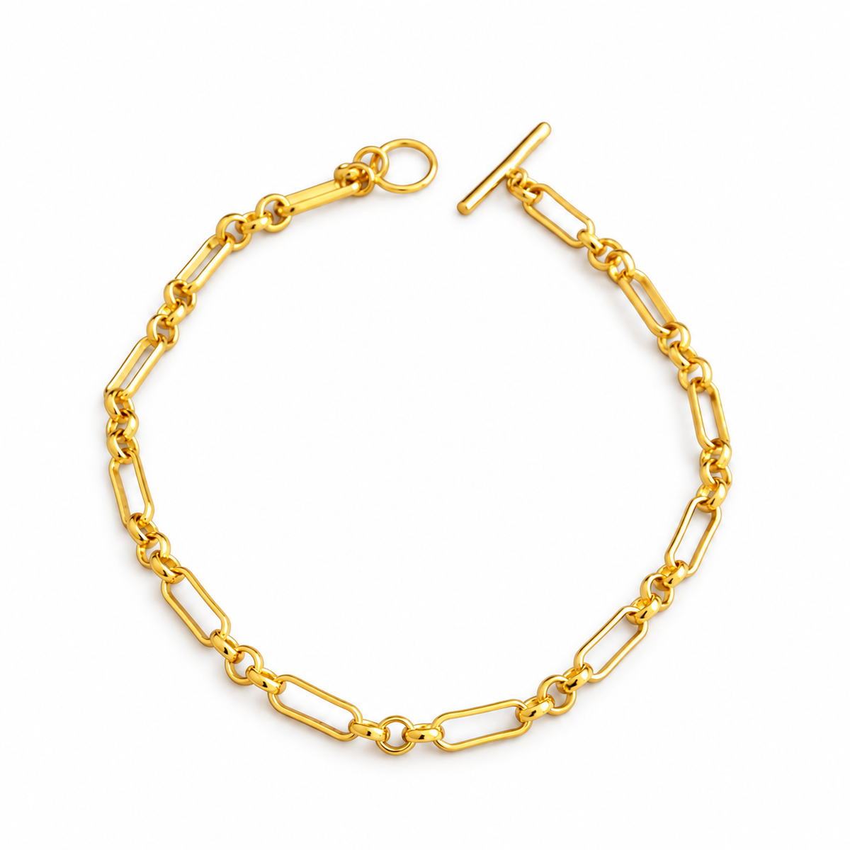 Gold-tone chain necklace with elongated links, round connectors and a toggle clasp.