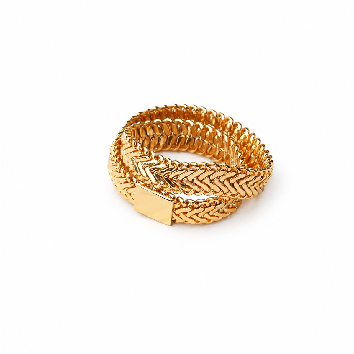 Gold-colored ring with three overlapping chain-textured bands and a rectangular connector.