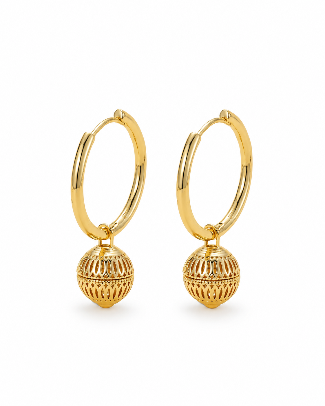 Lantern Hoop Gold Earrings shown as a pair on a white background.