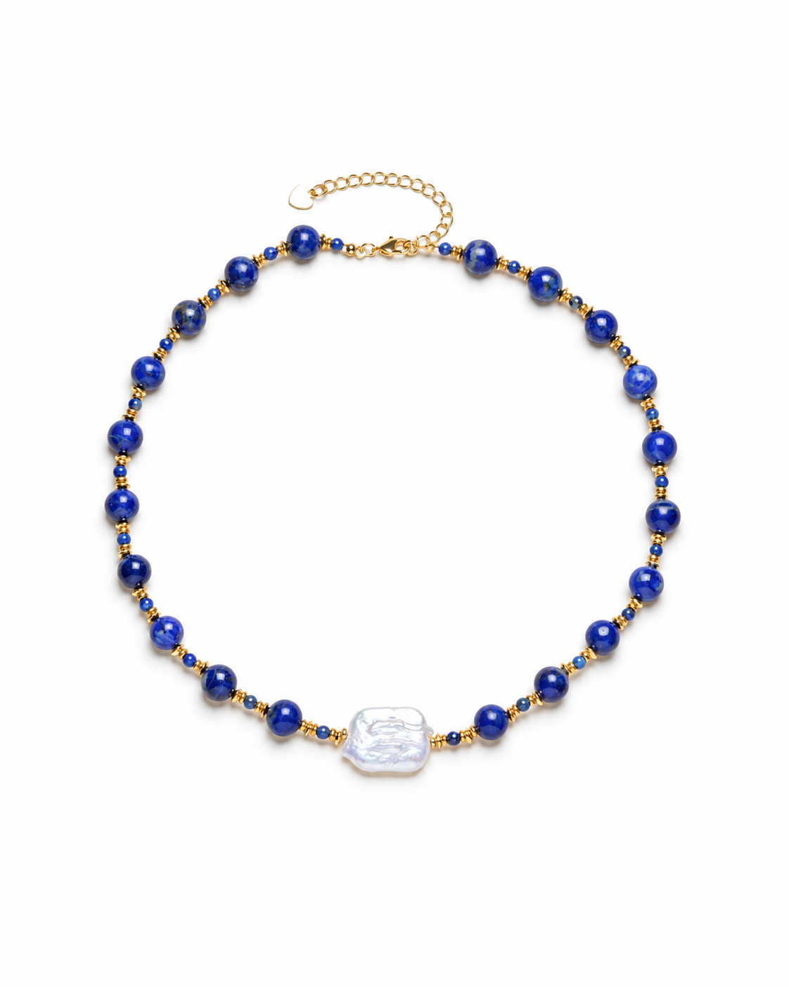 Blue beaded necklace with gold-tone spacers, an irregular white pearl centre and a heart-tipped extension chain.