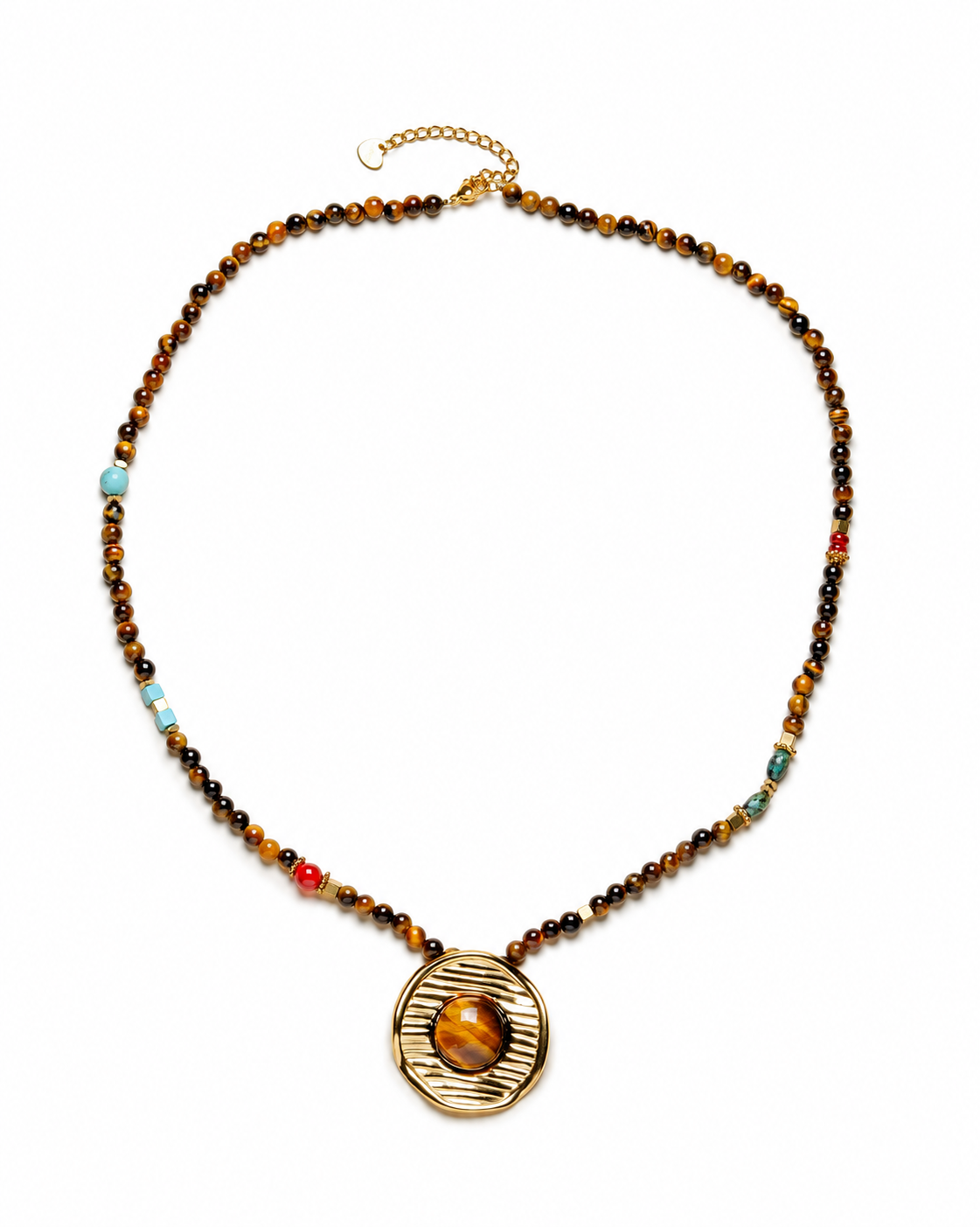 Brown and gold beaded necklace with colourful accents and a textured round pendant.