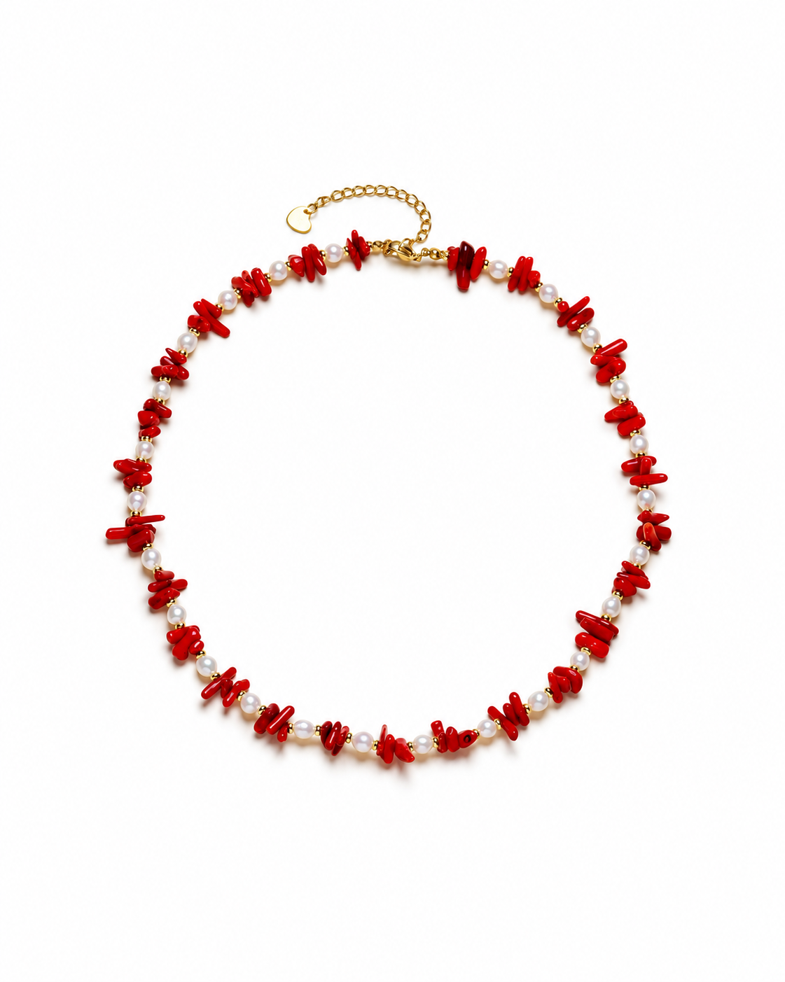 Red branch-bead and white pearl necklace with gold-tone fittings and a heart-tipped extension chain.