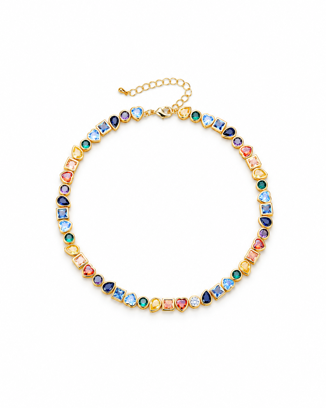 Colourful necklace with heart, round, square and teardrop stones in gold-tone settings.
