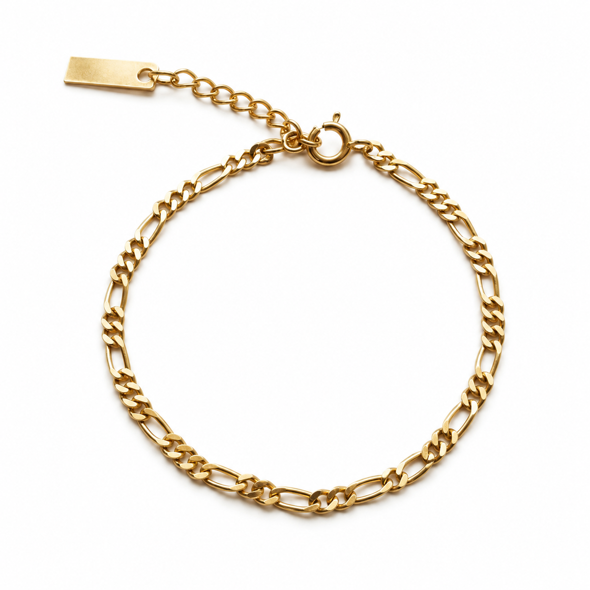 Gold-tone necklace with alternating elongated and short twisted links, a round clasp and extension chain.