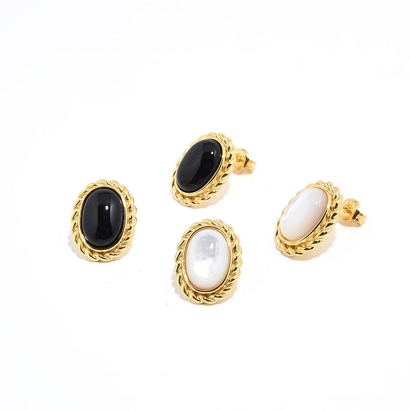 Vintage Oval Black Agate & White Shell Gold Vermeil Earrings - Earrings | ZAFARI Studio Jewelry
