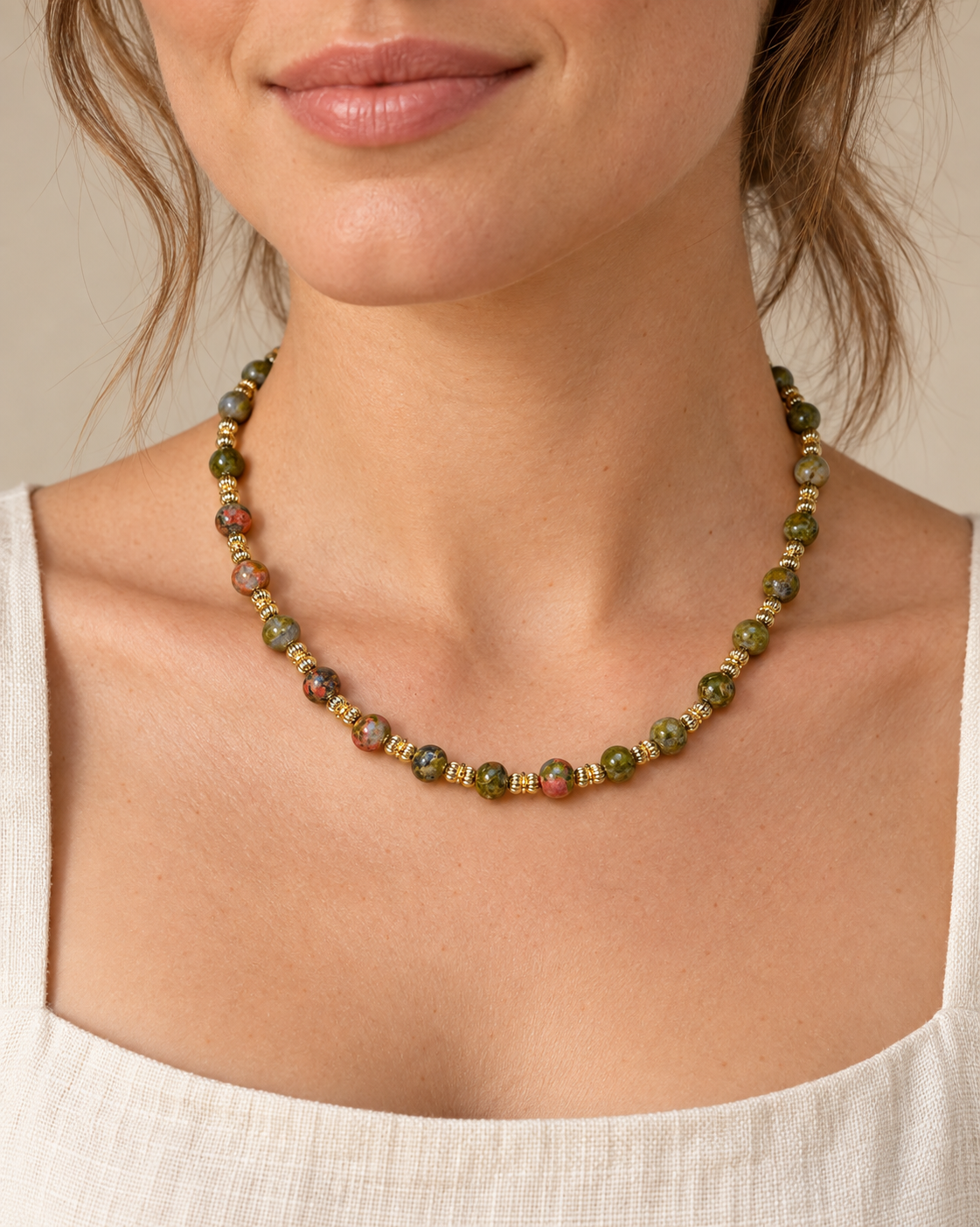 Green Jasper Beaded Necklace shown worn for scale.