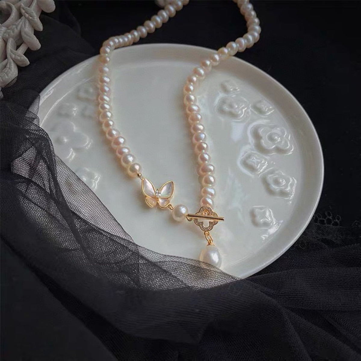OT Lock Butterfly Freshwater Pearls Pendant Necklace - Zafari Studio Jewelry