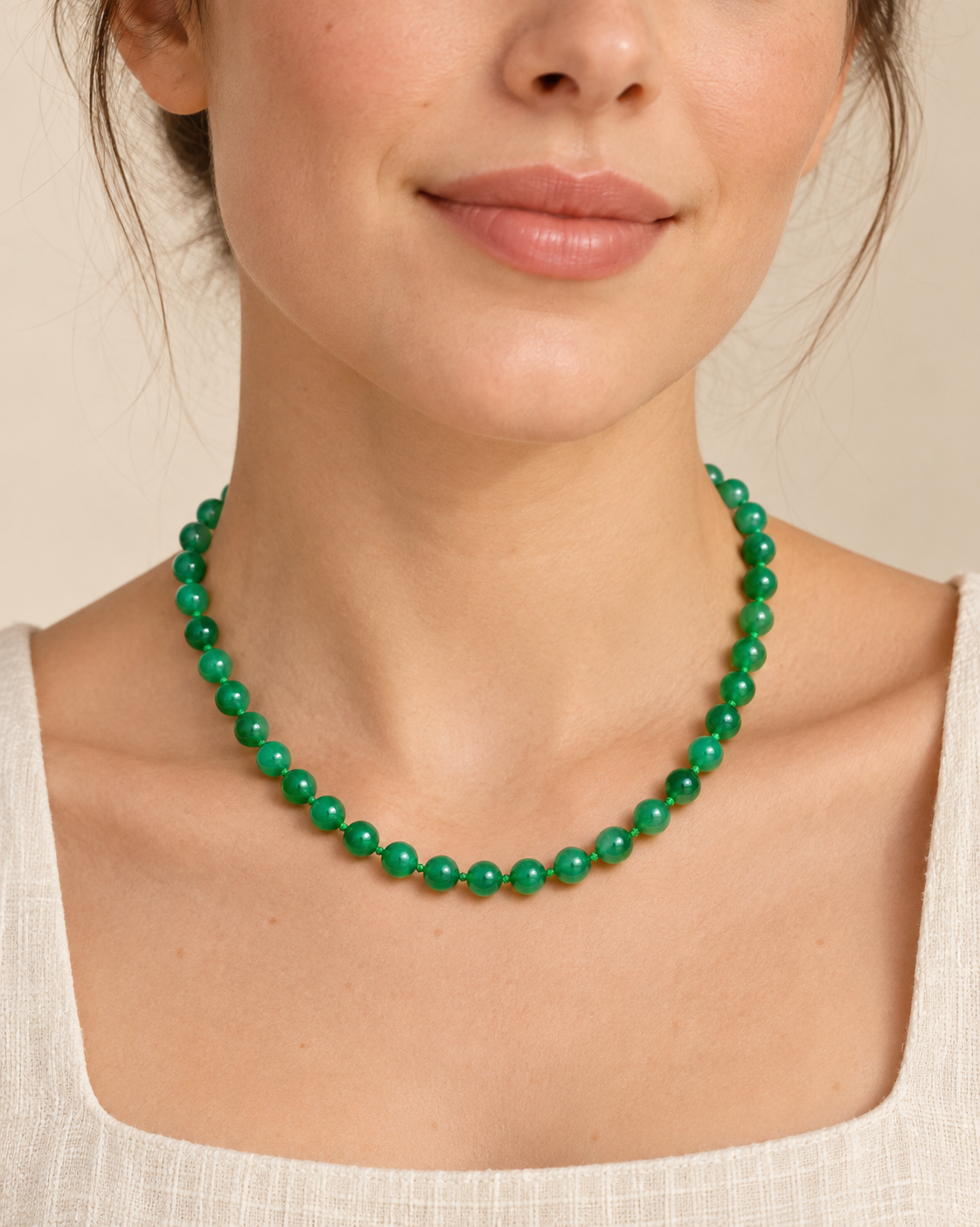 Beaded Green Agate Necklace shown worn for scale.