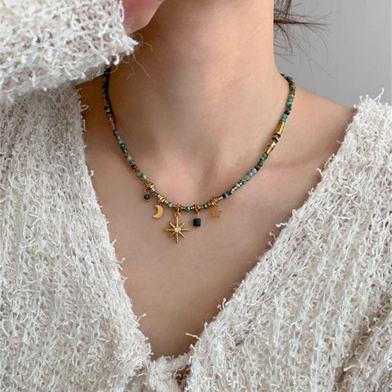 Turquoise Beaded Star and Moon Pendant - Zafari Studio Jewelry