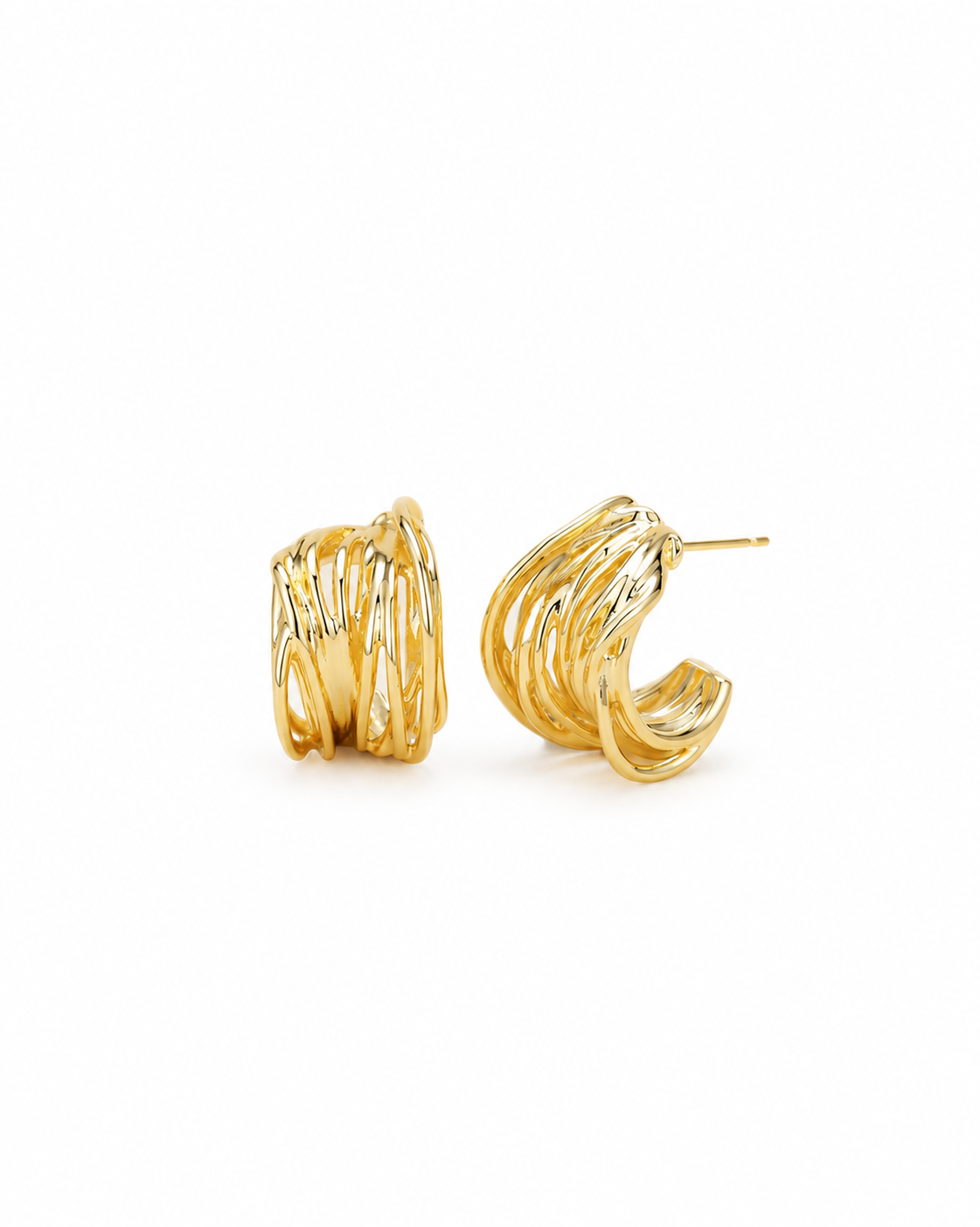 Layered gold-tone hoop earrings shown from front and side.