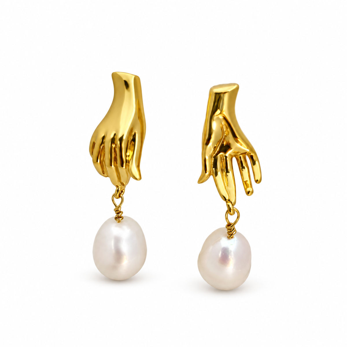 Golden Hand Pearl Earrings — studio product detail on white