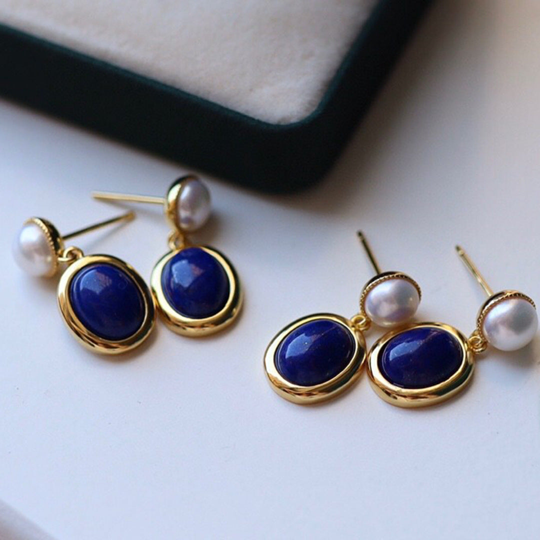 Blue Lapis Lazuli Button Pearl Drop Earrings - Zafari Studio Jewelry