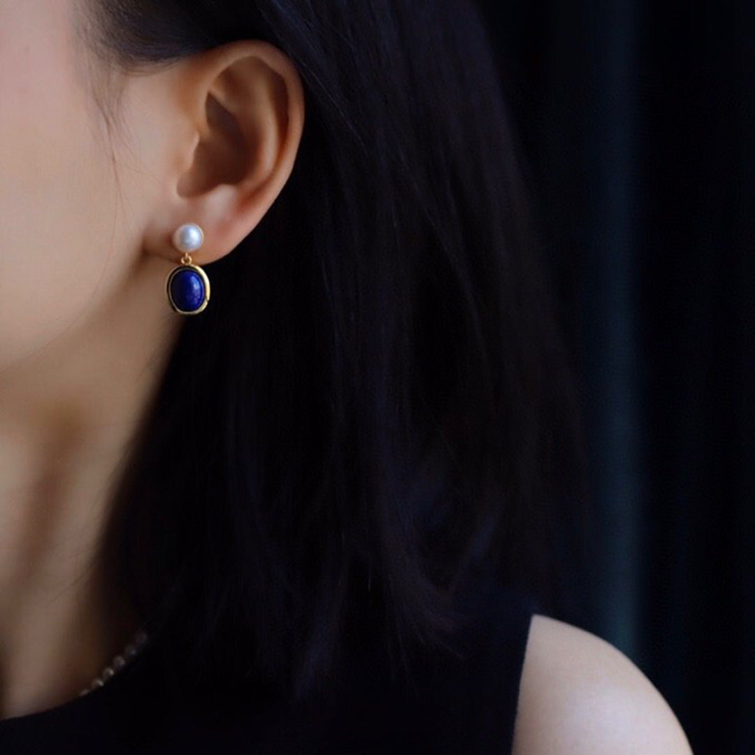 Blue Lapis Lazuli Button Pearl Drop Earrings - Zafari Studio Jewelry