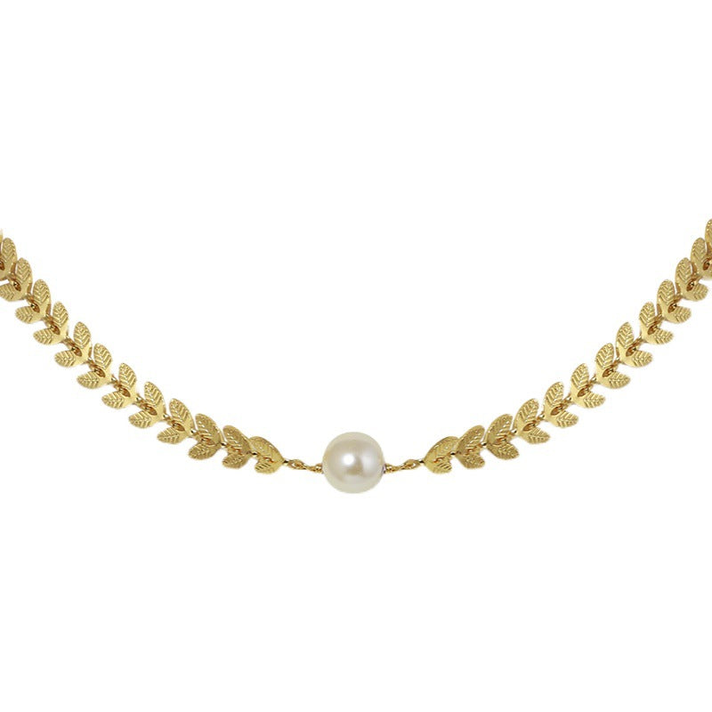 Gold Laurel Leaf Matching Pearl Necklace & Earrings or Full Set - Zafari Studio Jewelry