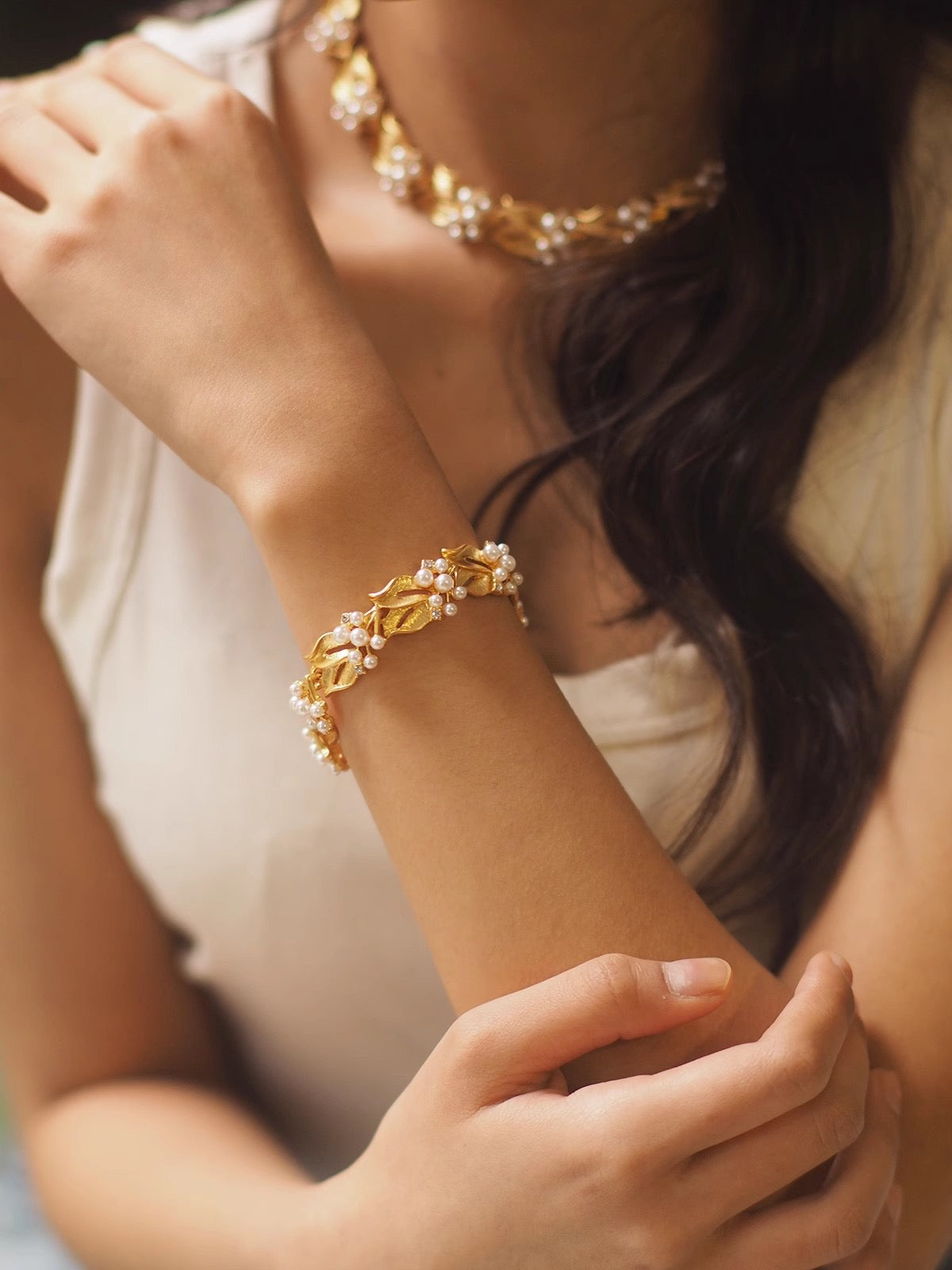 Vintage Leaf Pearls Necklace,Bracelet and Earrings Set (Purchase Individually) - Zafari Studio Jewelry