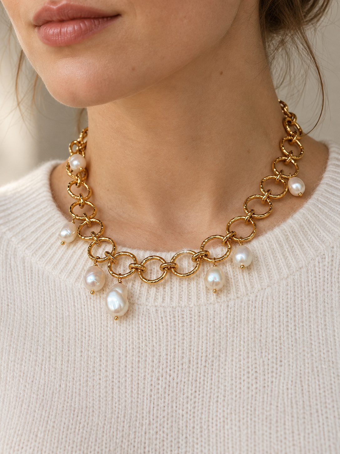 Textured link freshwater pearl necklace worn by an adult model with a cream knit top.