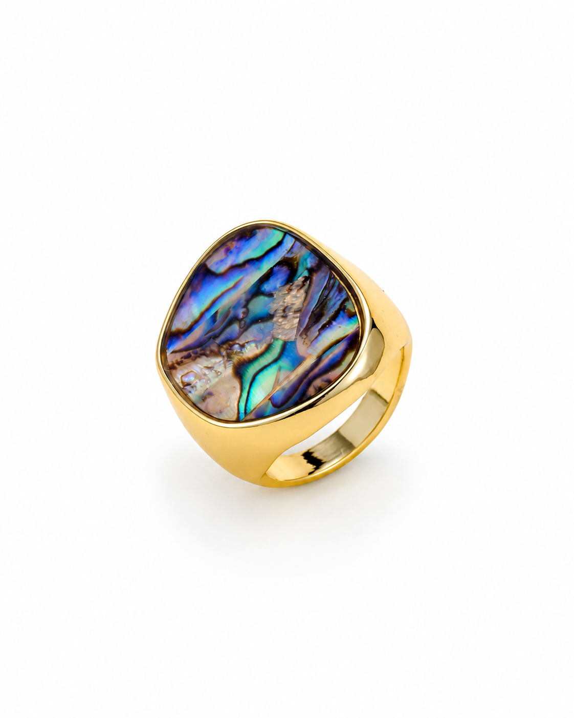 Gold-tone ring with an iridescent abalone face on a white background.