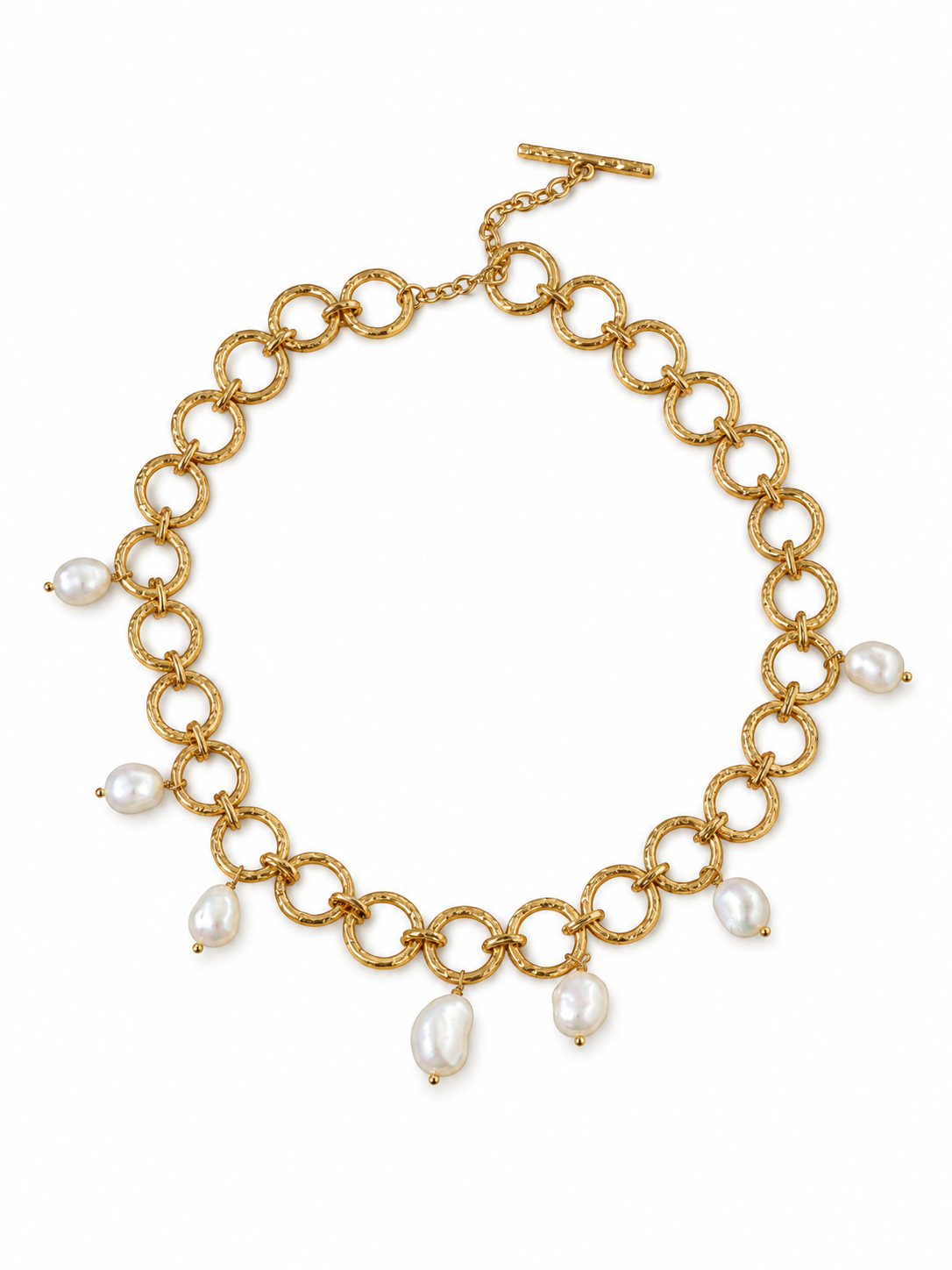Gold-tone circular-link necklace with pearl drops, shown on a white background.