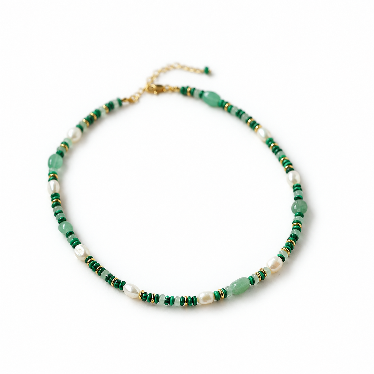 Green variant of the Multicolor Onyx Beaded Necklace with pearl accents, shown on white.