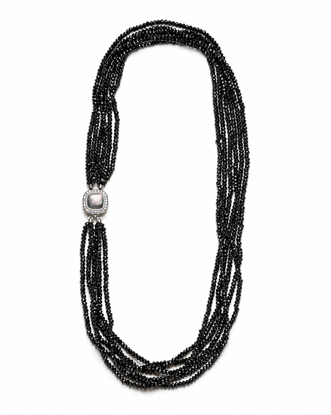 Black Spinel Pearl Layered Necklace with a square clasp on a white background