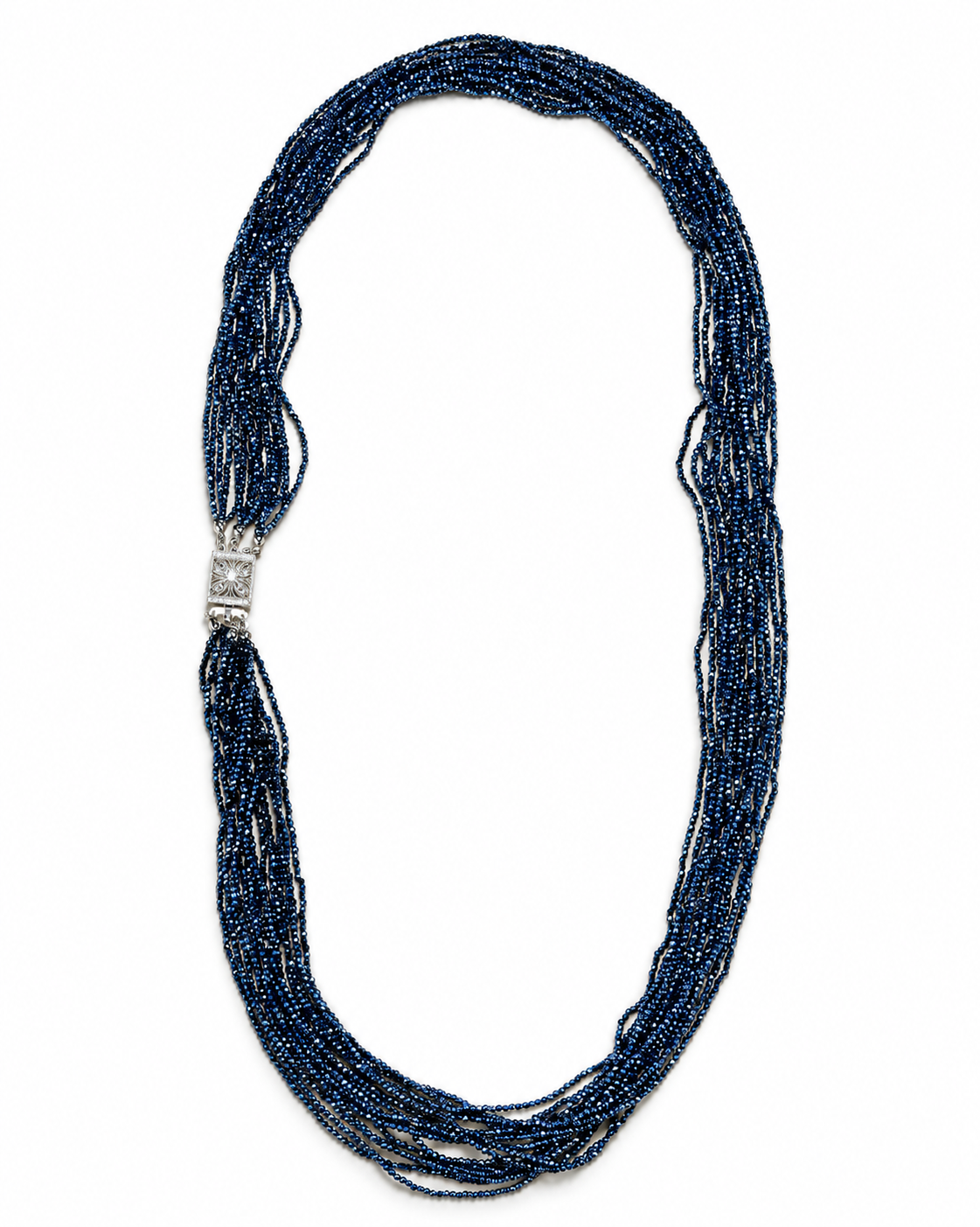 Blue Crystal Layered Necklace with a silver-tone clasp on a white background