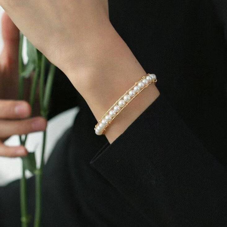JULIANA 14K Yellow Gold Bangle Bolo Pearl Bracelet - Zafari Studio Jewelry