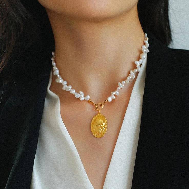 Oval Goddess Gold Coin Pearl Necklace and Earrings (Purchase Individually) - Zafari Studio Jewelry