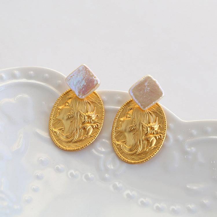 Oval Goddess Gold Coin Pearl Necklace and Earrings (Purchase Individually) - Zafari Studio Jewelry