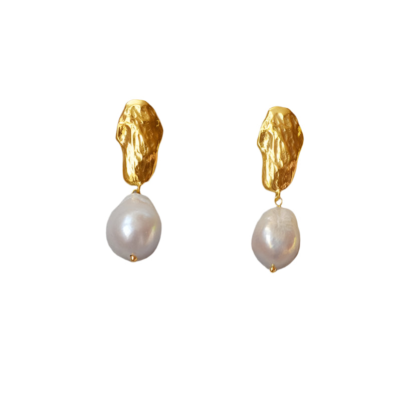 Long drop gold baroque pearl earrings - Zafari Studio Jewelry