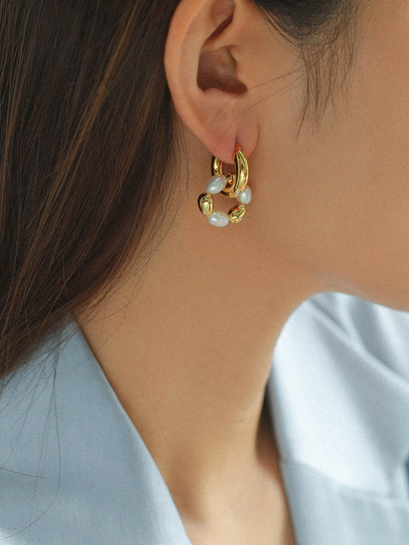Gold Bean Hoops Pearl Earring Gold Vermeil - Zafari Studio Jewelry