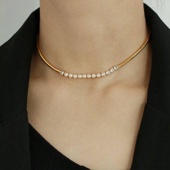 Ultra-Shine Cubic Zirconia Herringbone Choker Necklace - Zafari Studio Jewelry