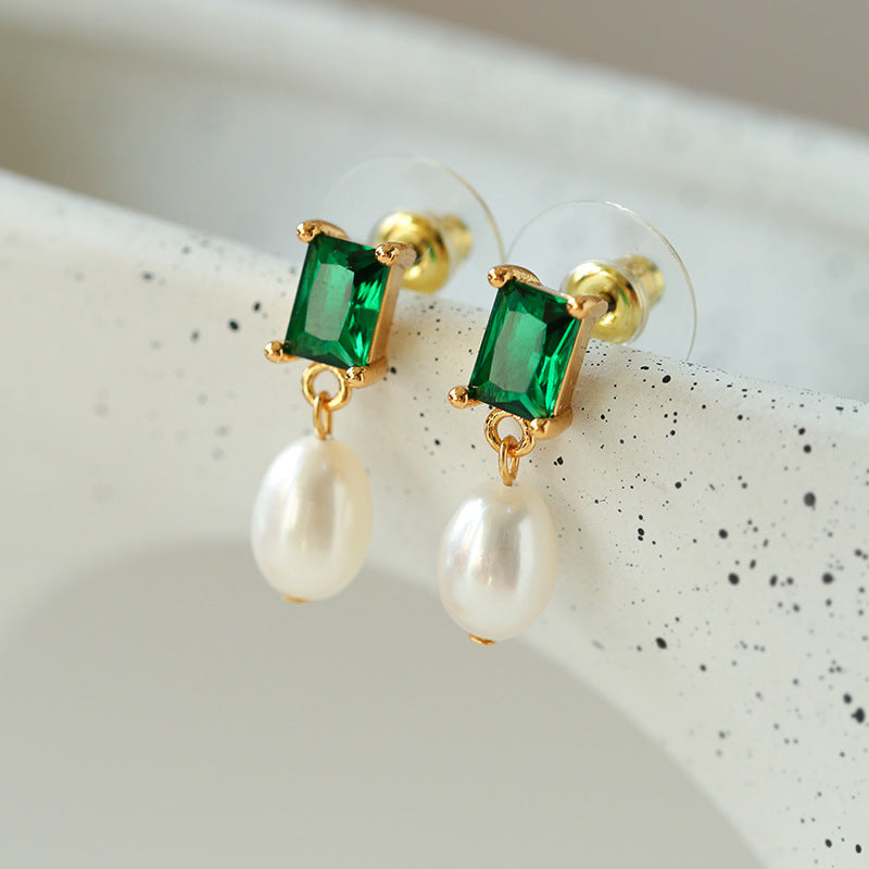 Green CZ Pearl Drop Earrings - Zafari Studio Jewelry