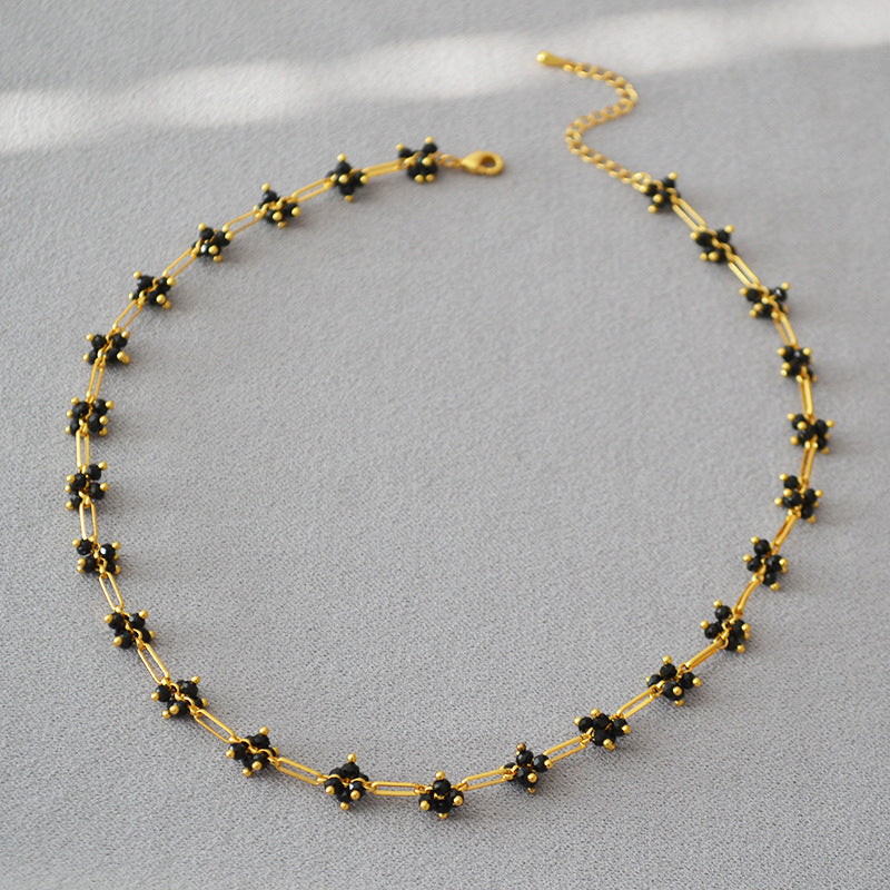 Handwoven Shimmering Black Crystal Flower Choker Necklace - Zafari Studio Jewelry