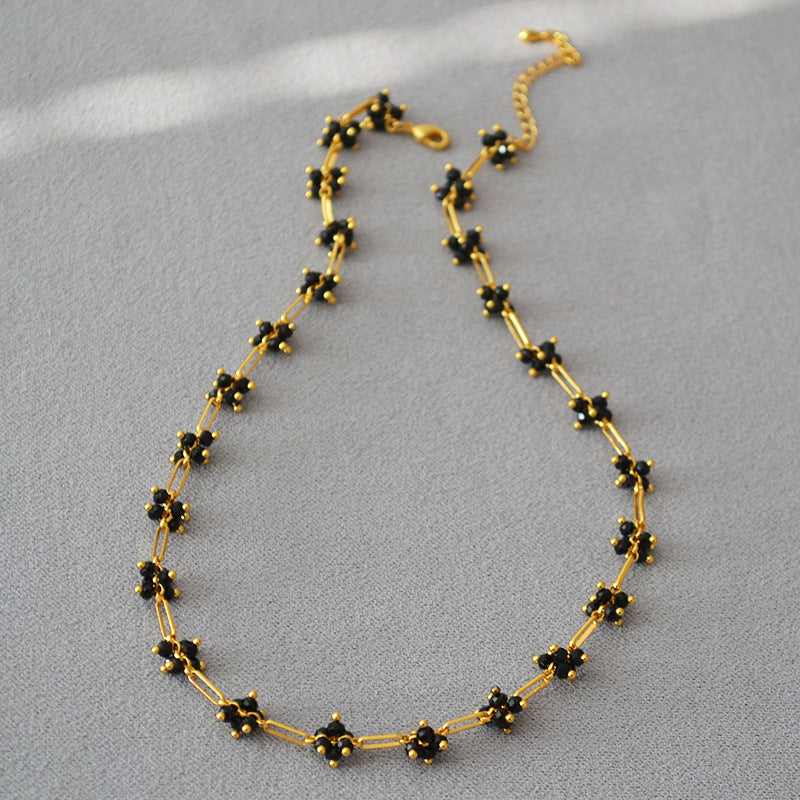 Handwoven Shimmering Black Crystal Flower Choker Necklace - Zafari Studio Jewelry