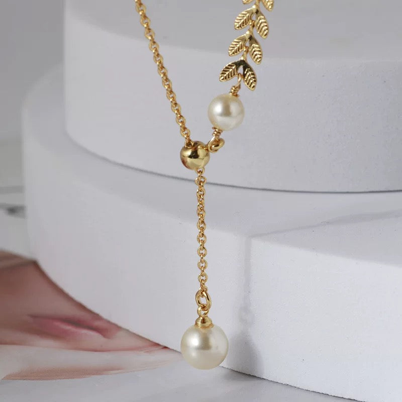 Gold Laurel Leaf Pearl Drop Necklace - Zafari Studio Jewelry