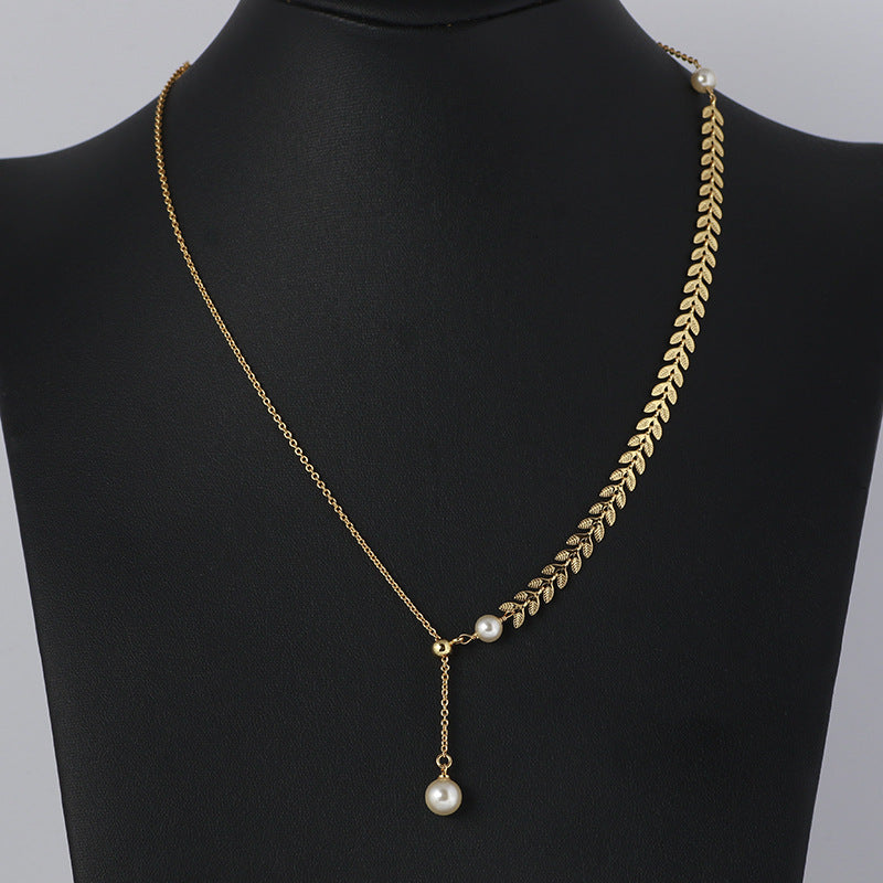 Gold Laurel Leaf Pearl Drop Necklace - Zafari Studio Jewelry