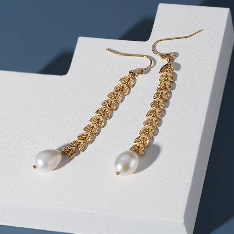 Gold Laurel Leaf Matching Pearl & Earrings Set (Sold Separately) - Zafari Studio Jewelry