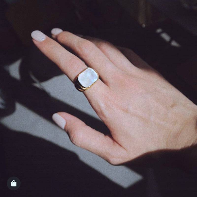 Square White Mother of Pearls Shell Black Onyx Ring Gold Vermeil - Zafari Studio Jewelry
