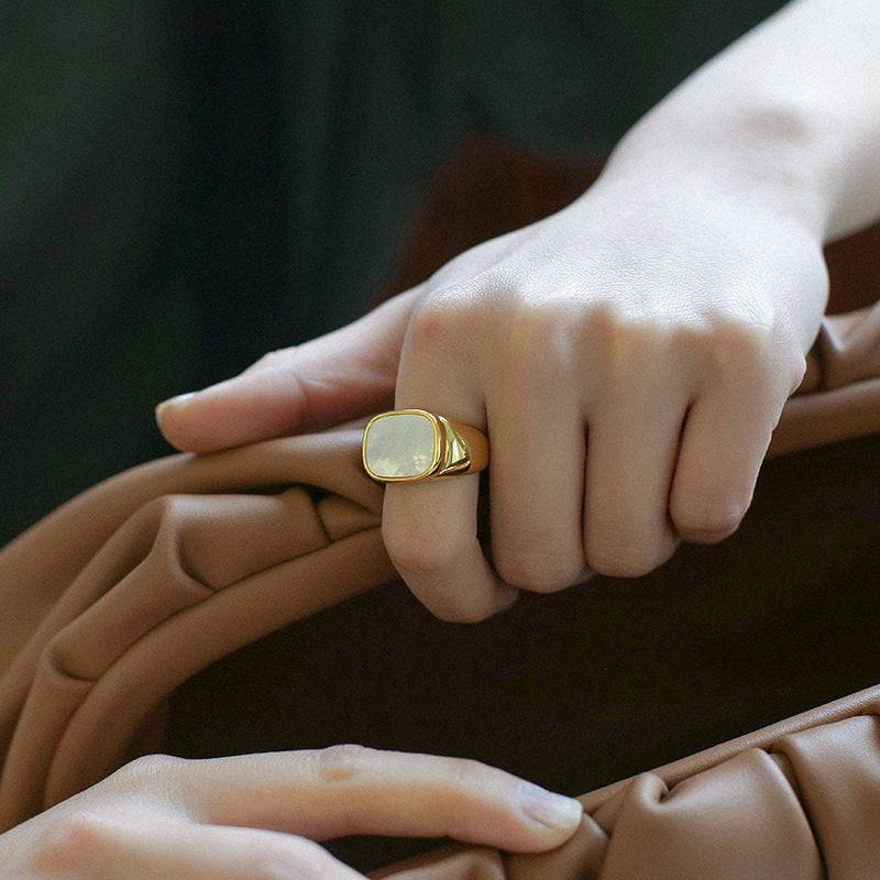 Square White Mother of Pearls Shell Black Onyx Ring Gold Vermeil - Zafari Studio Jewelry