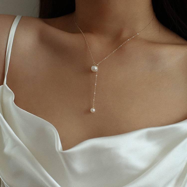 Vintage Y Shape Pearl Choker Necklace 14K Yellow Gold - Zafari Studio Jewelry