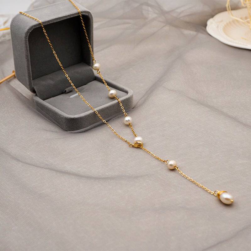 Elle One Side Pearl Long Chain Necklace - Zafari Studio Jewelry