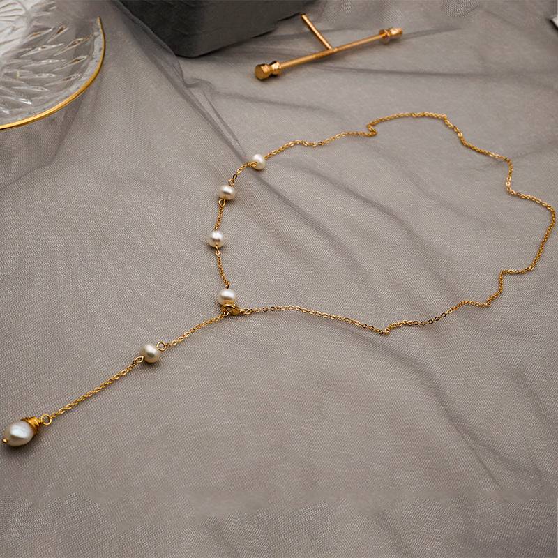 Elle One Side Pearl Long Chain Necklace - Zafari Studio Jewelry