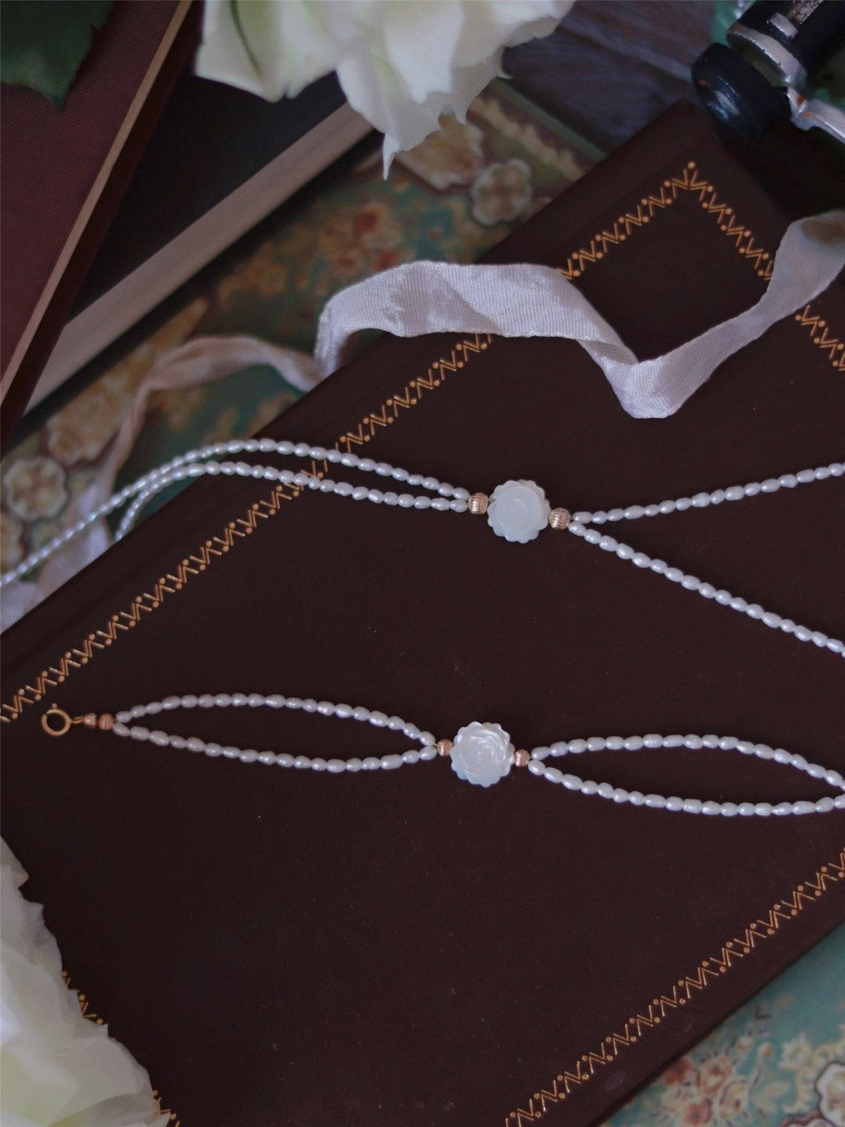 Rose Carvered Mother of Pearls Shell Layered Pearls Necklace and Bracelet (Purchase Individually) - Zafari Studio Jewelry