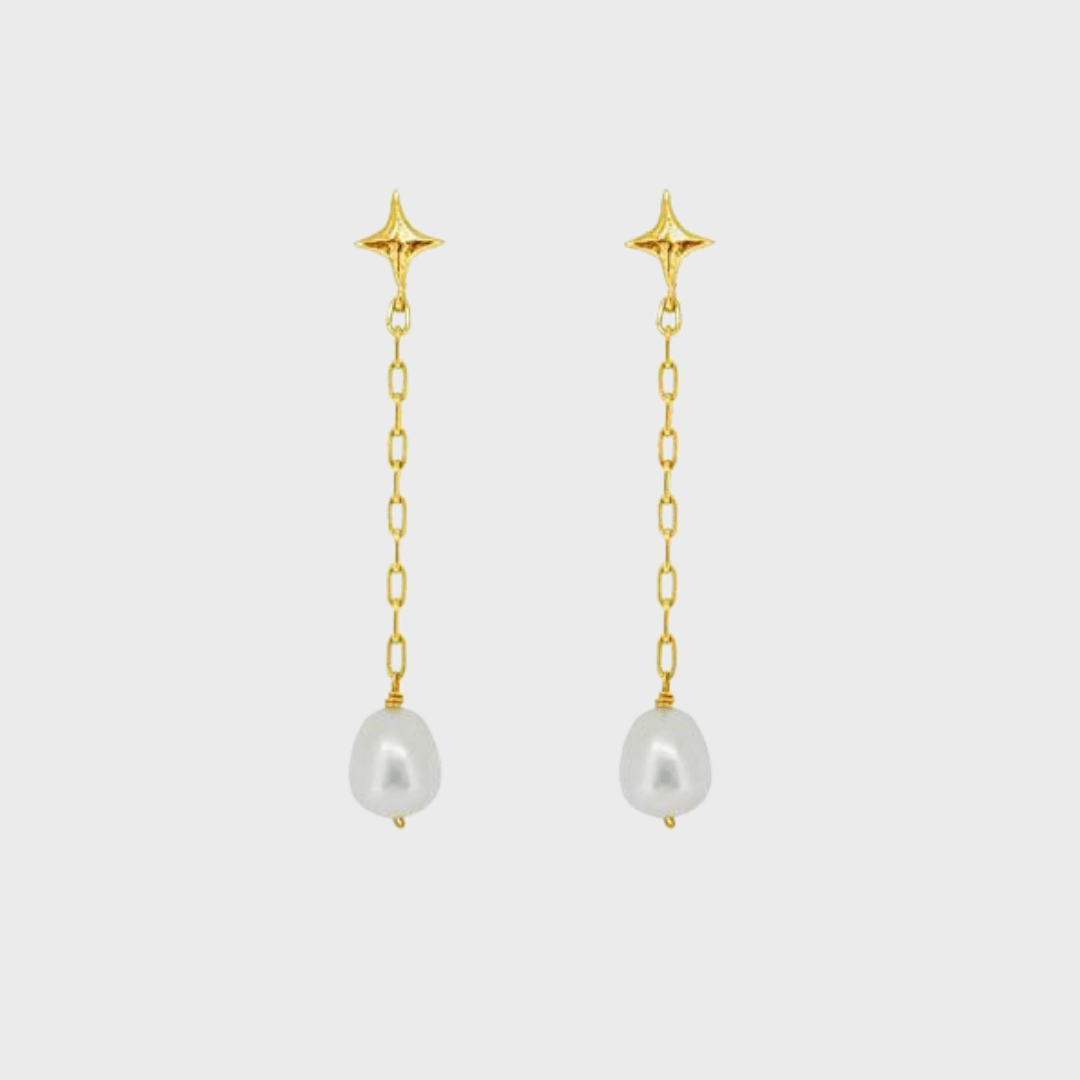 Long Drop Cross Pearl Earrings Gold Vermeil - Zafari Studio Jewelry