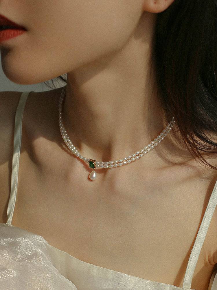 Super-Slim Freshwater Pearl Double Strand Emerald Layer Necklace - Zafari Studio Jewelry