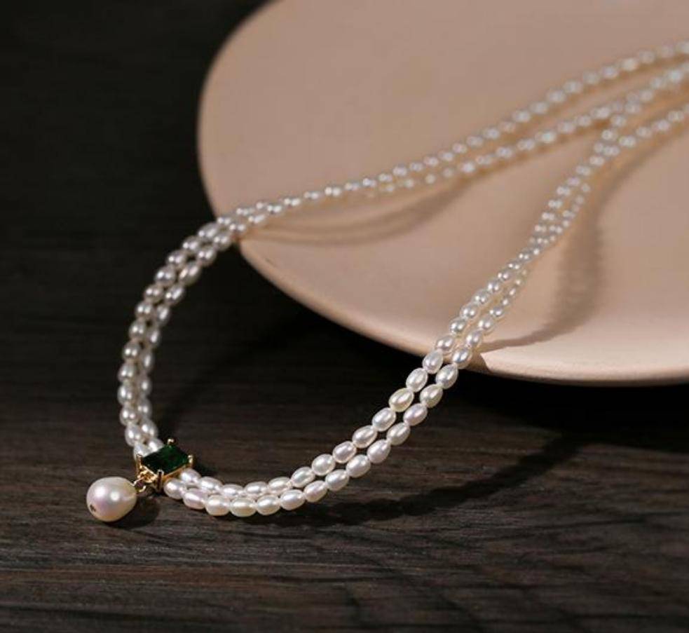 Super-Slim Freshwater Pearl Double Strand Emerald Layer Necklace - Zafari Studio Jewelry